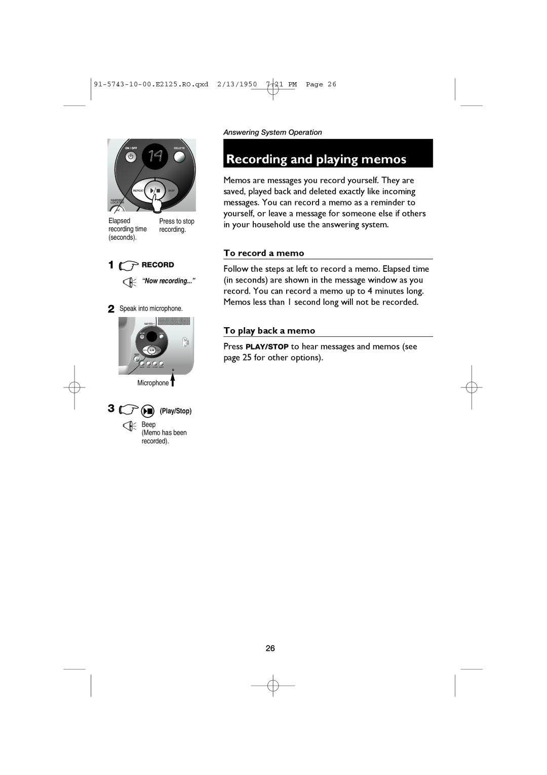 AT&T E2125 user manual Recording and playing memos, To record a memo, To play back a memo 