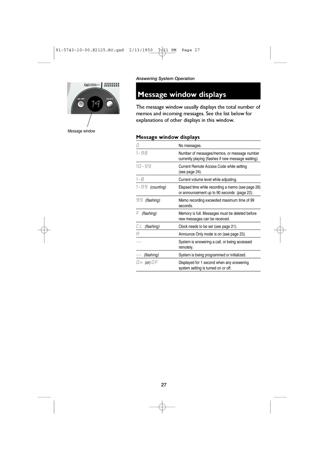 AT&T E2125 user manual Message window displays 