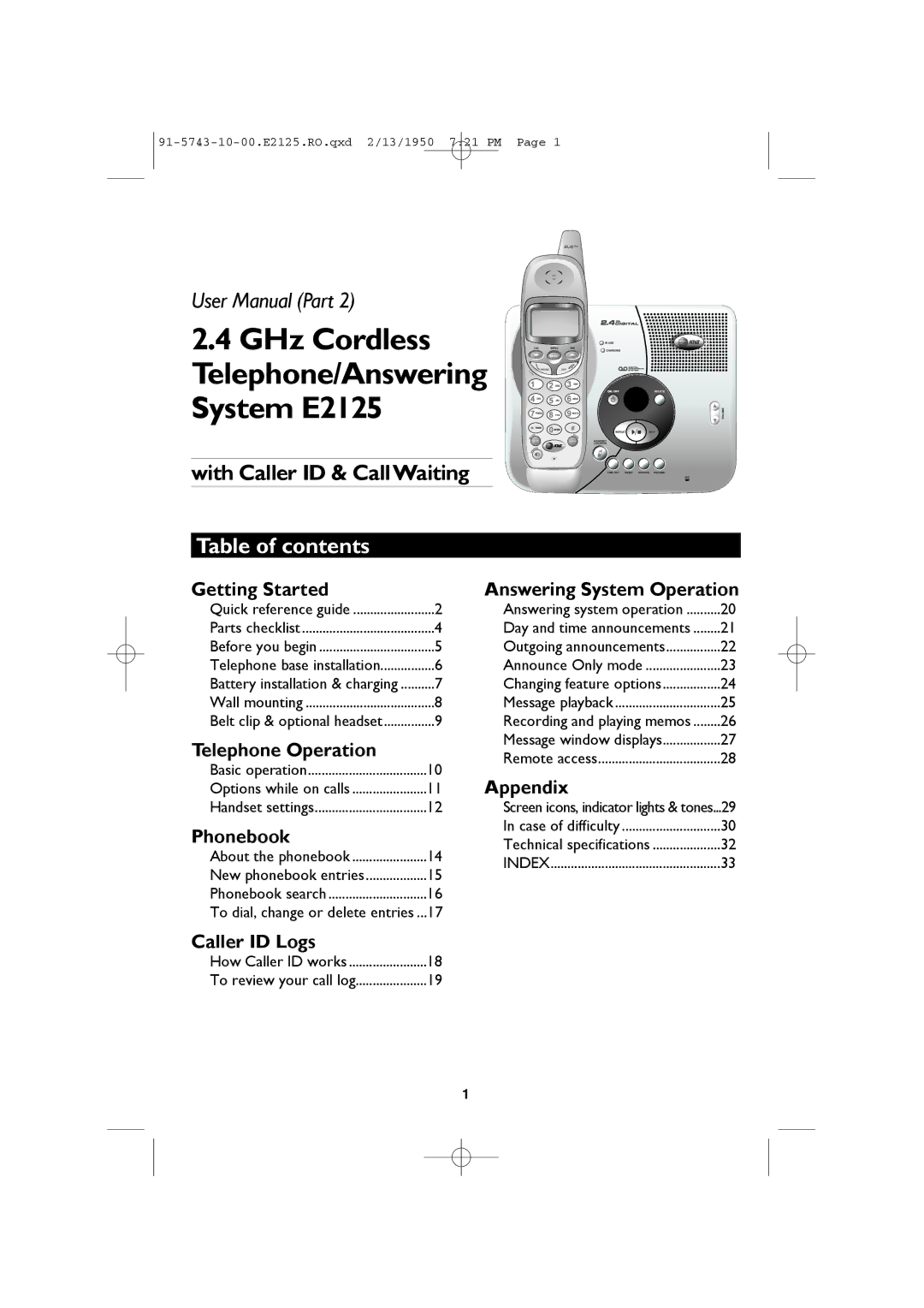 AT&T E2125 user manual Table of contents 