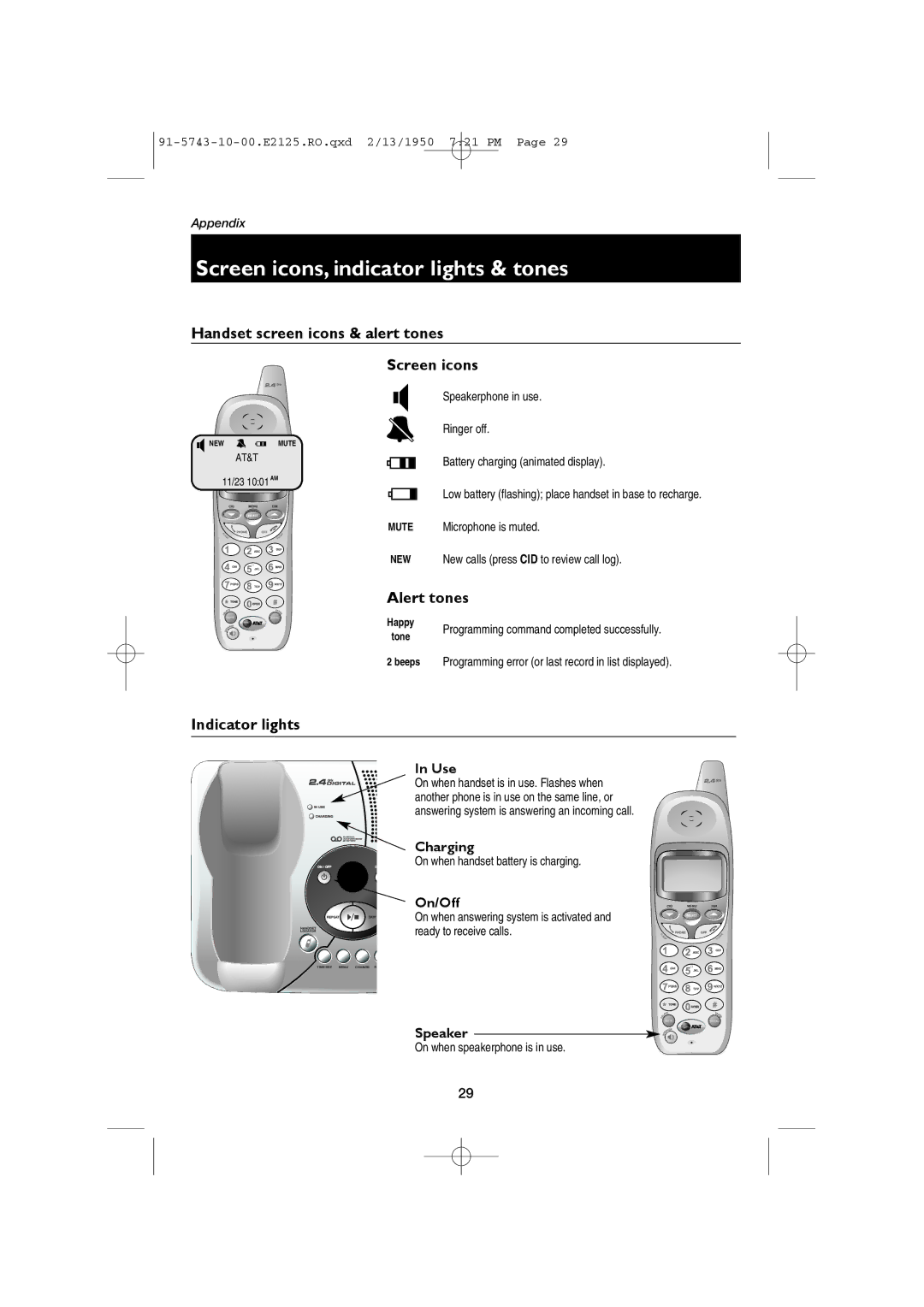 AT&T E2125 user manual Screen icons, indicator lights & tones, Handset screen icons & alert tones Screen icons, Alert tones 