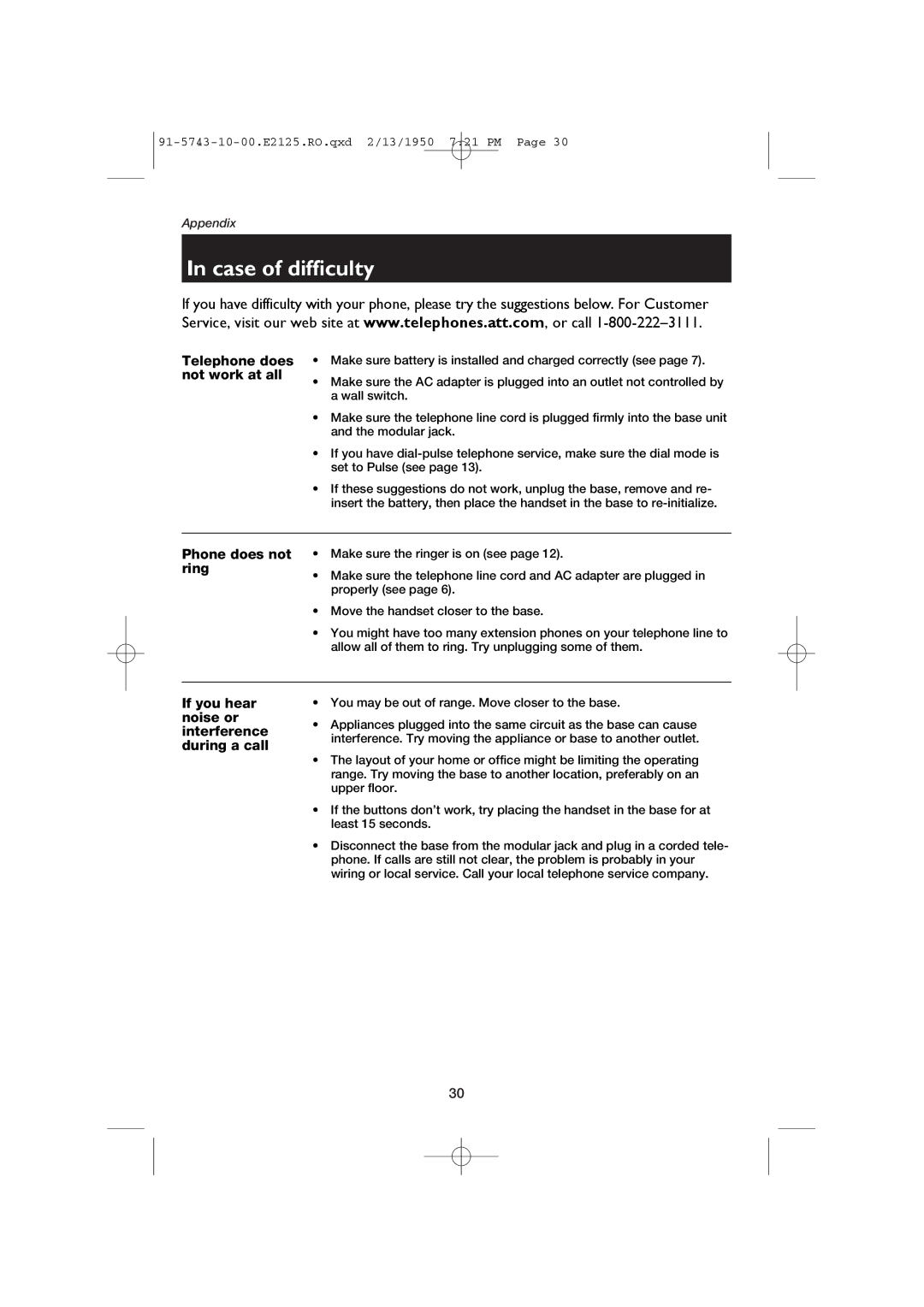 AT&T E2125 user manual Case of difficulty, Telephone does not work at all 