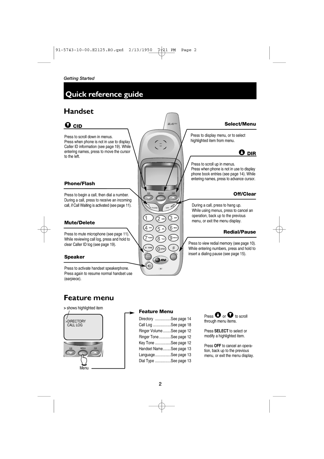 AT&T E2125 user manual Quick reference guide, Handset 