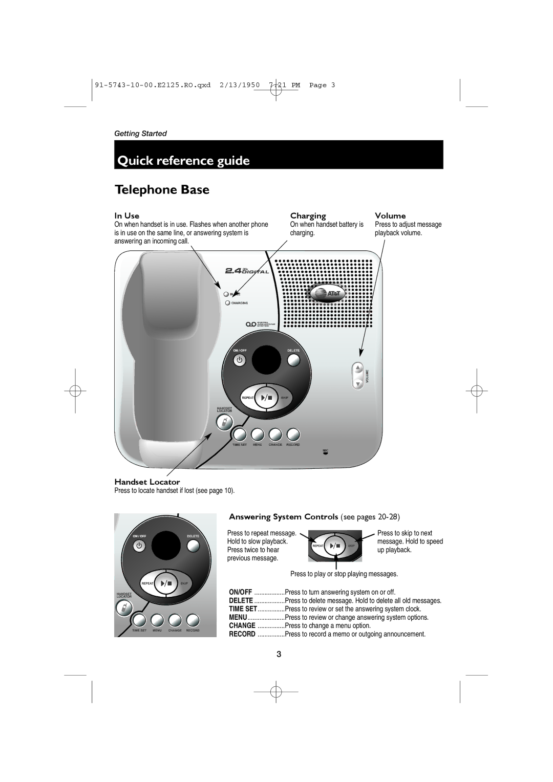 AT&T E2125 user manual Telephone Base 