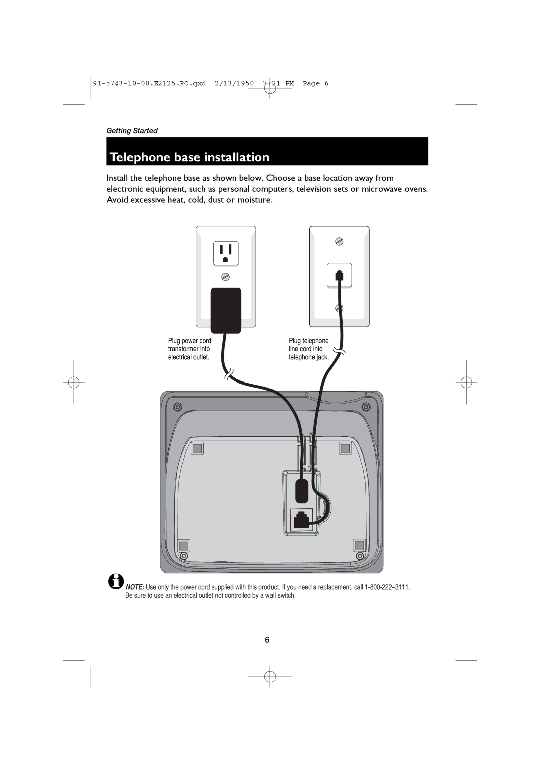 AT&T E2125 user manual Telephone base installation 