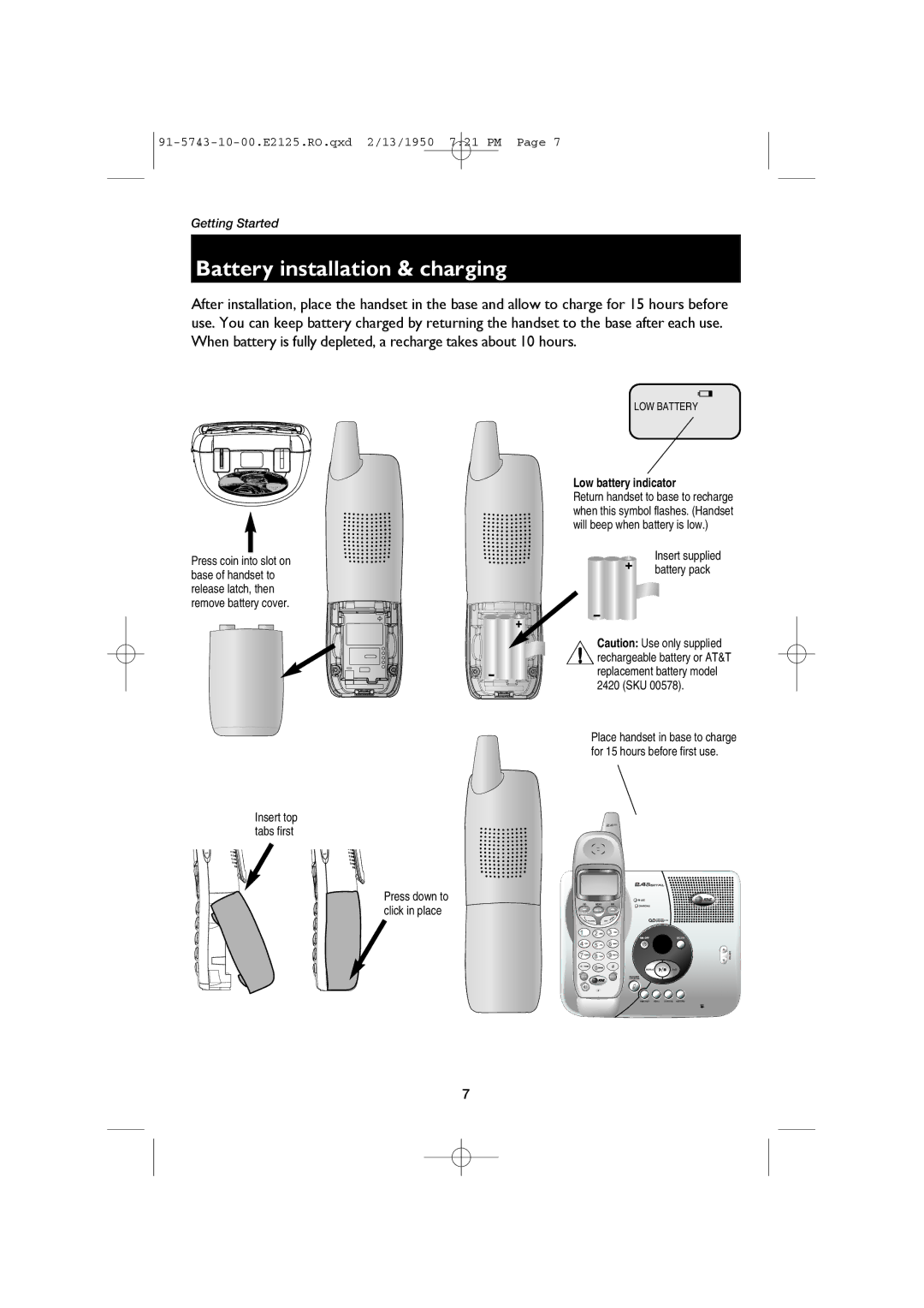 AT&T E2125 user manual Battery installation & charging, Low battery indicator 