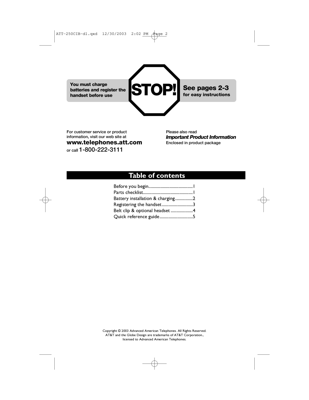 AT&T E250 user manual Table of contents 