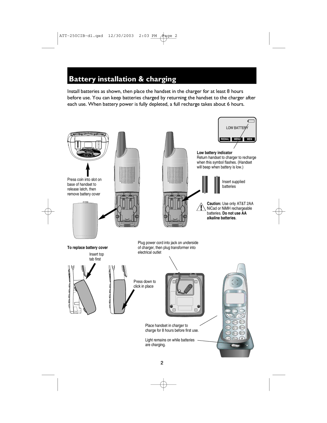 AT&T E250 user manual Battery installation & charging, Low battery indicator 