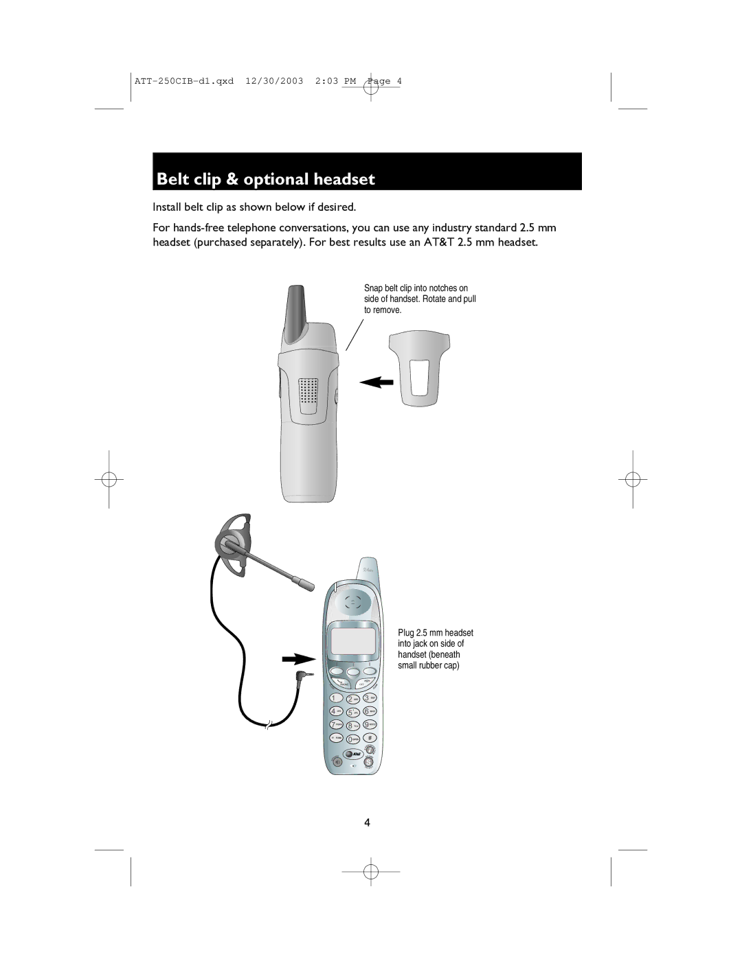 AT&T E250 user manual Belt clip & optional headset, Install belt clip as shown below if desired 