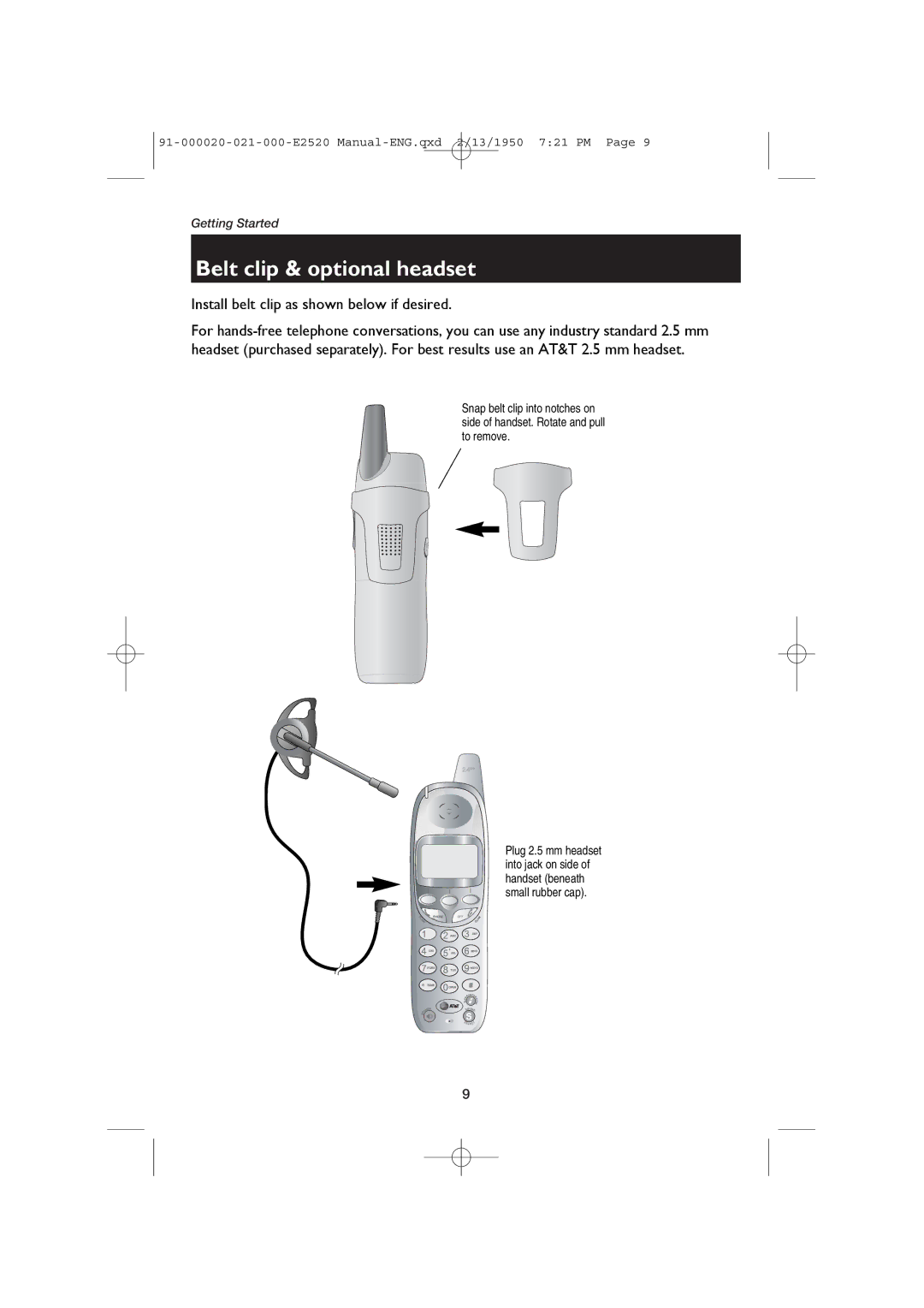 AT&T E2520 user manual Belt clip & optional headset, Install belt clip as shown below if desired 