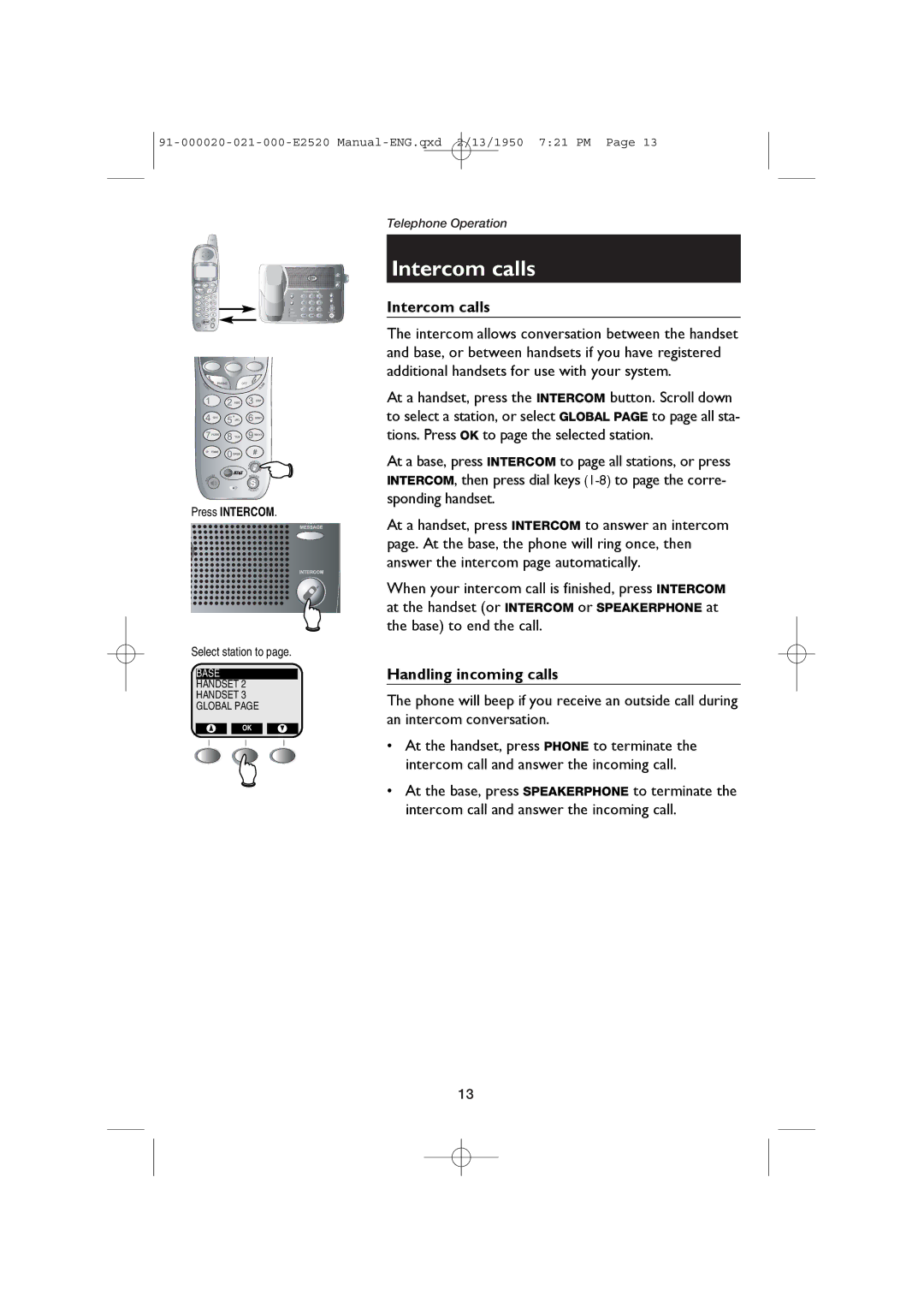 AT&T E2520 user manual Intercom calls, Handling incoming calls 