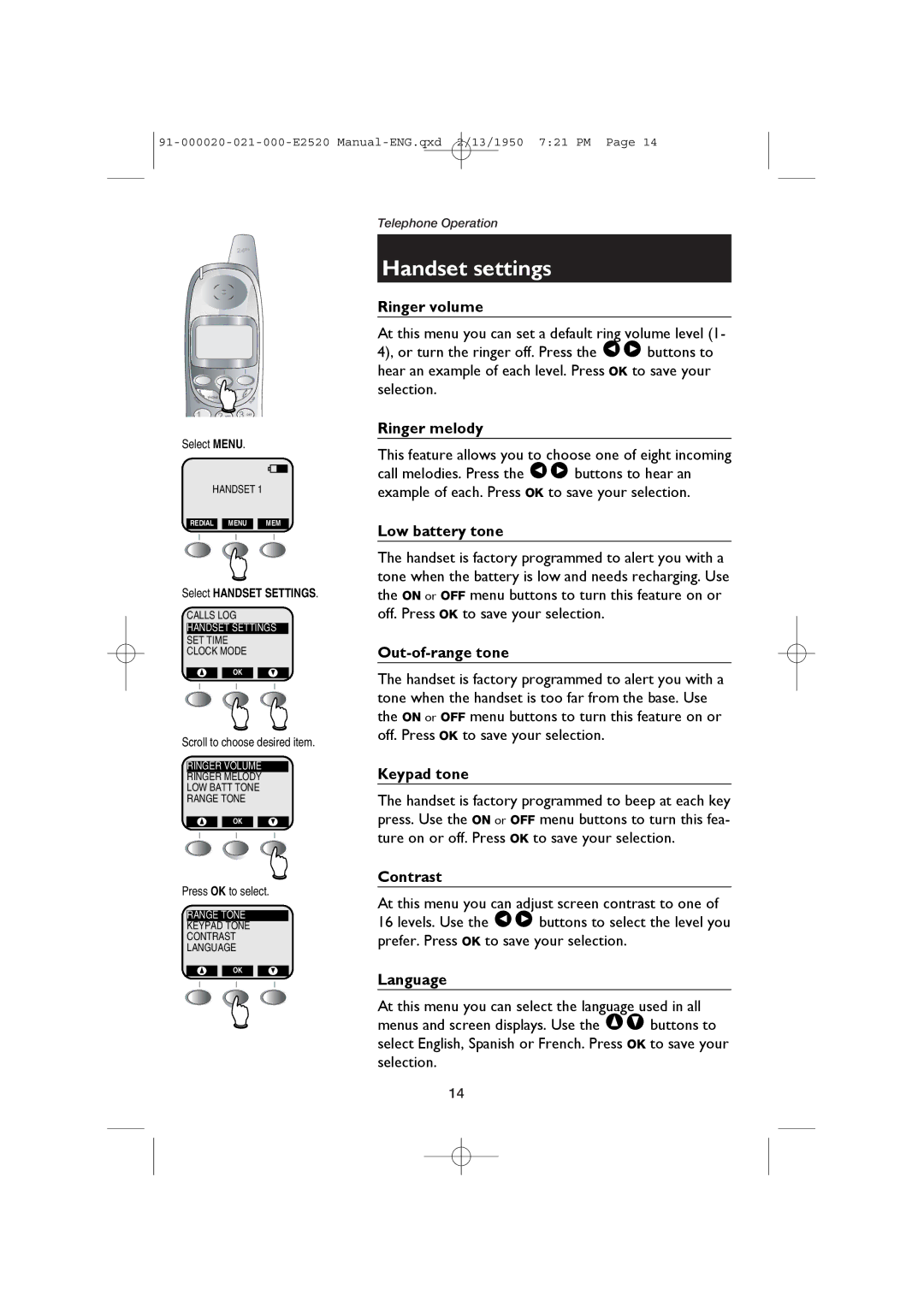 AT&T E2520 user manual Handset settings 