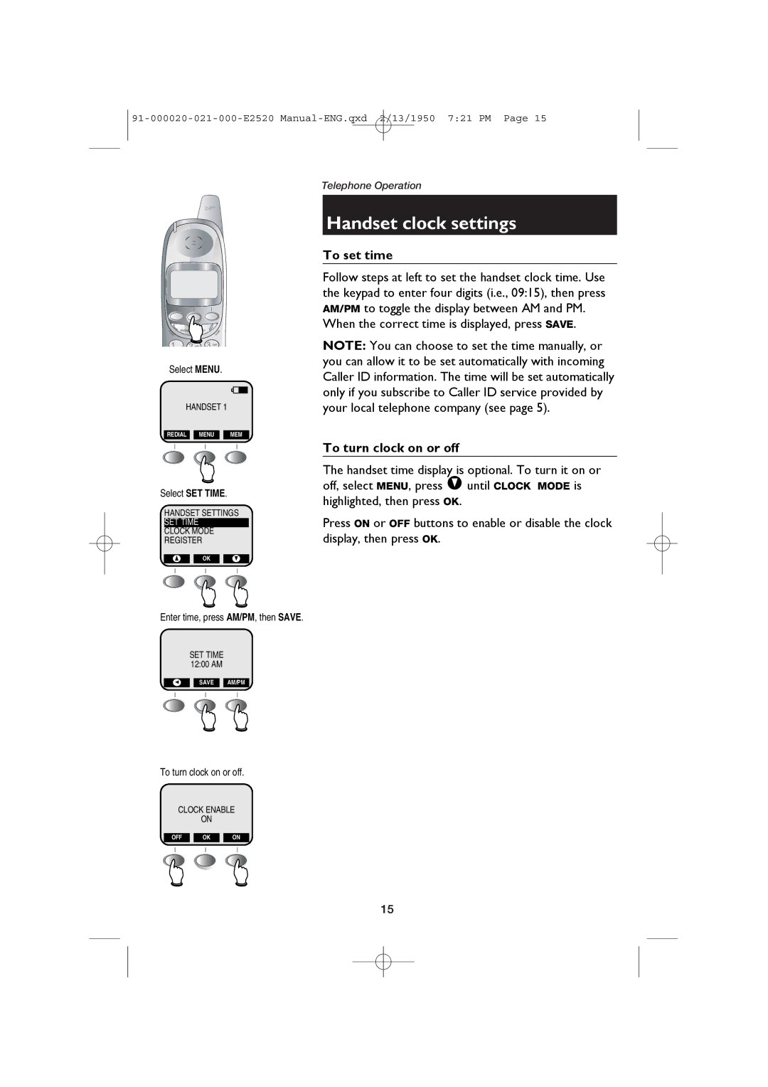 AT&T E2520 user manual Handset clock settings, To set time, To turn clock on or off 