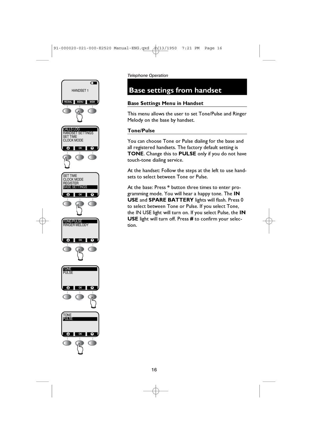 AT&T E2520 user manual Base settings from handset, Base Settings Menu in Handset, Tone/Pulse 