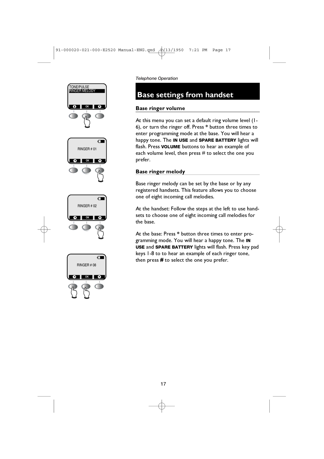 AT&T E2520 user manual Base ringer volume, Base ringer melody 