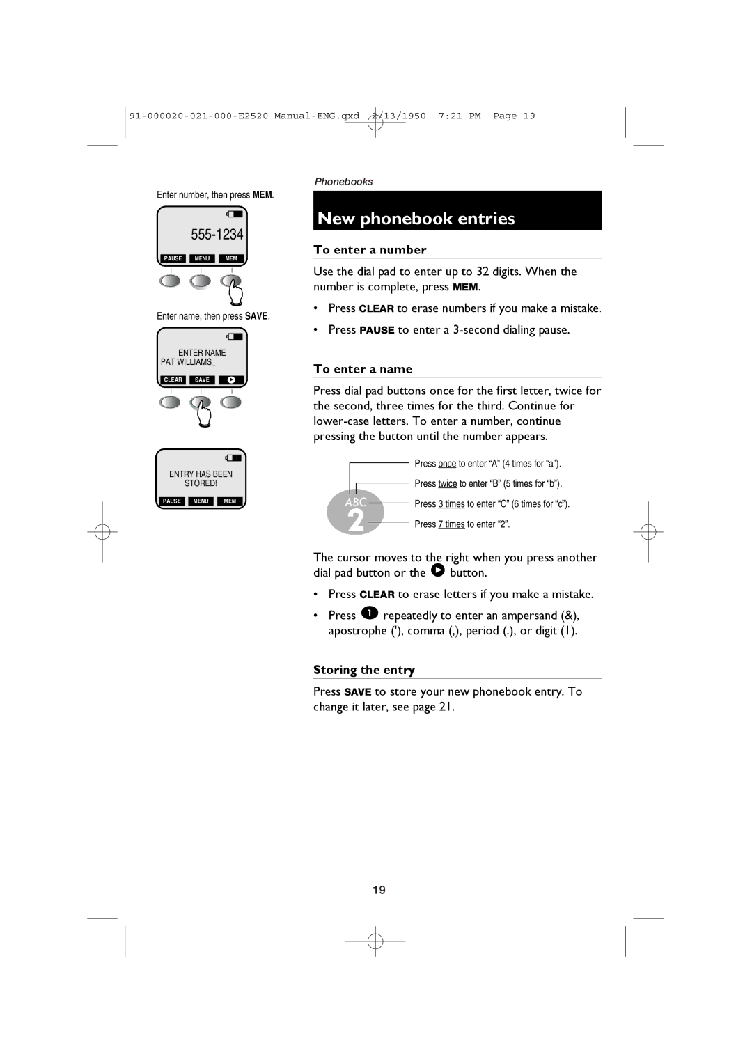 AT&T E2520 user manual New phonebook entries, To enter a number, To enter a name, Storing the entry 