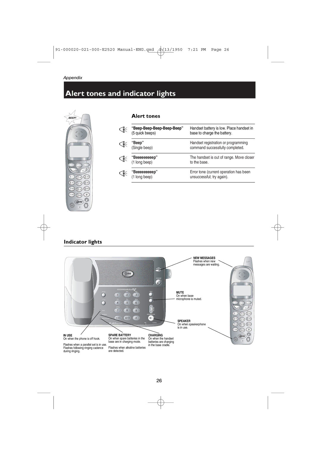 AT&T E2520 user manual Alert tones and indicator lights, Indicator lights 