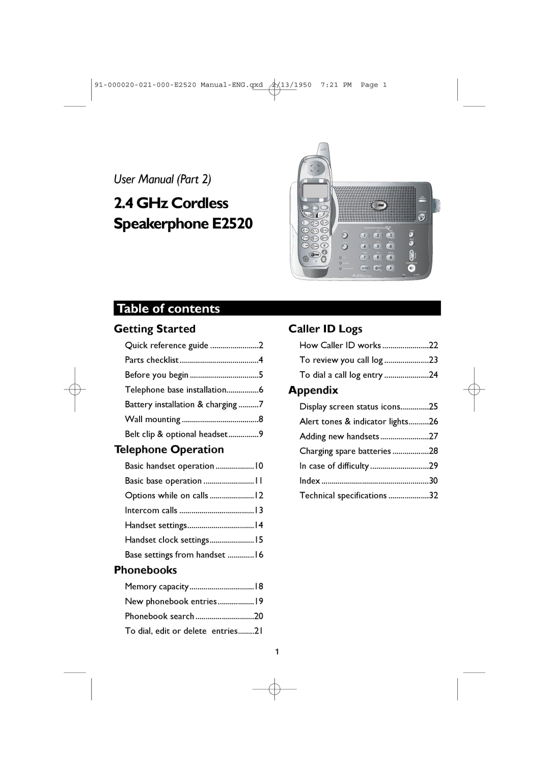 AT&T user manual GHz Cordless Speakerphone E2520, Table of contents 