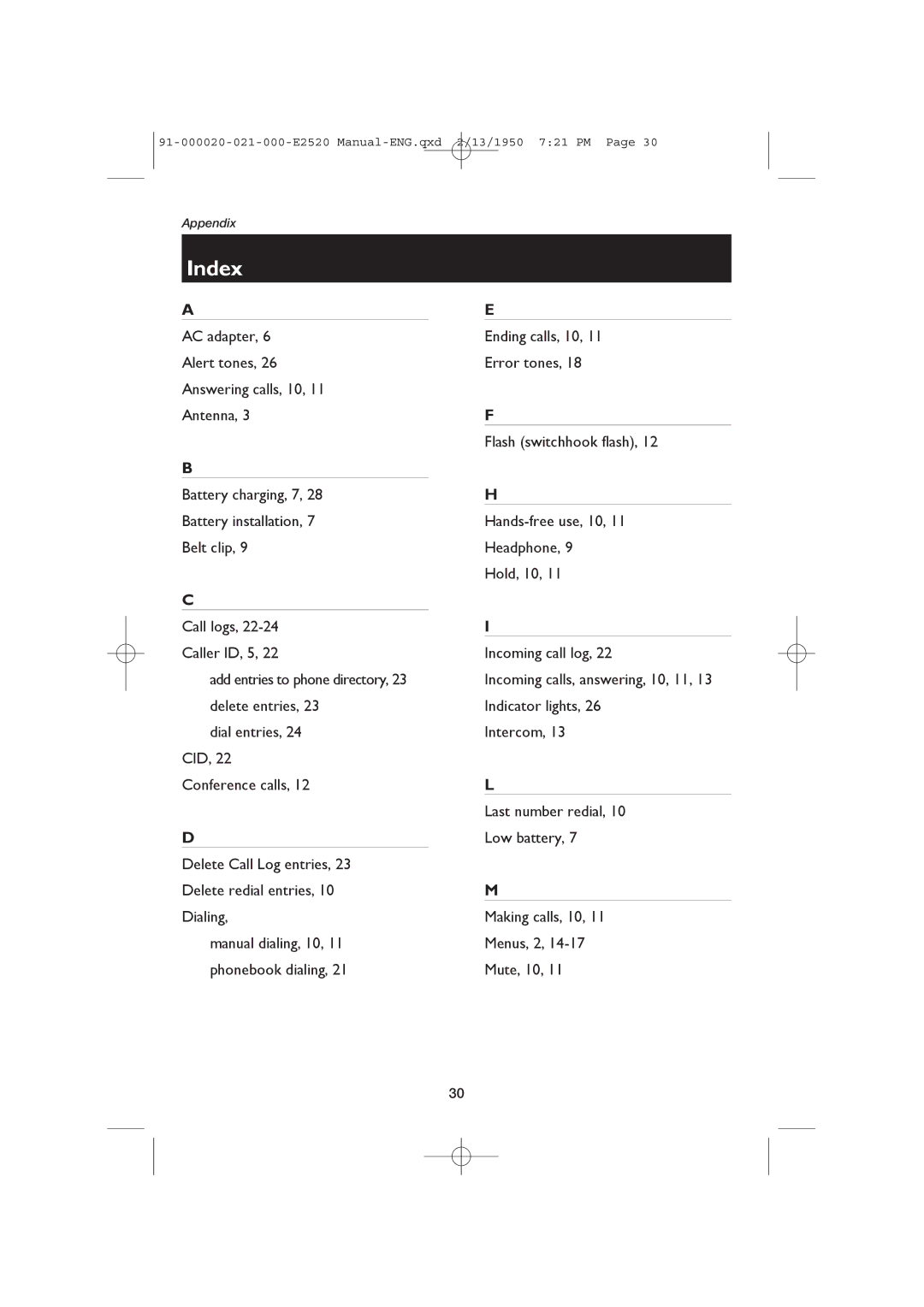 AT&T E2520 user manual Index 