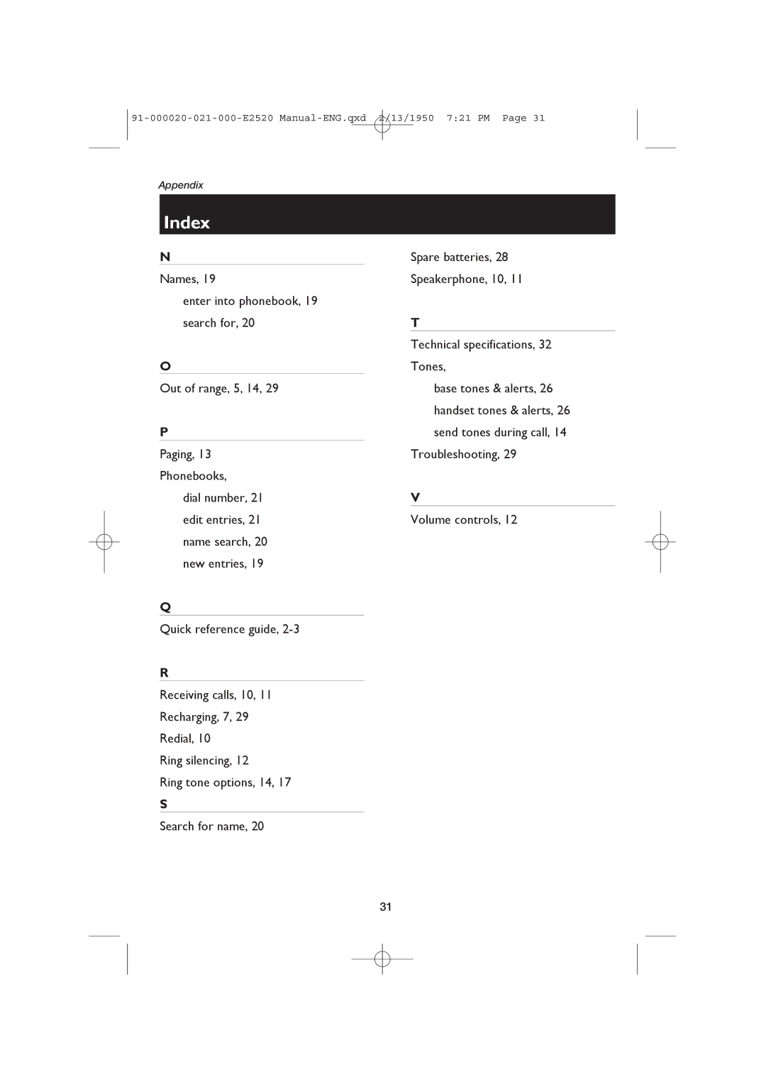 AT&T E2520 user manual Index 