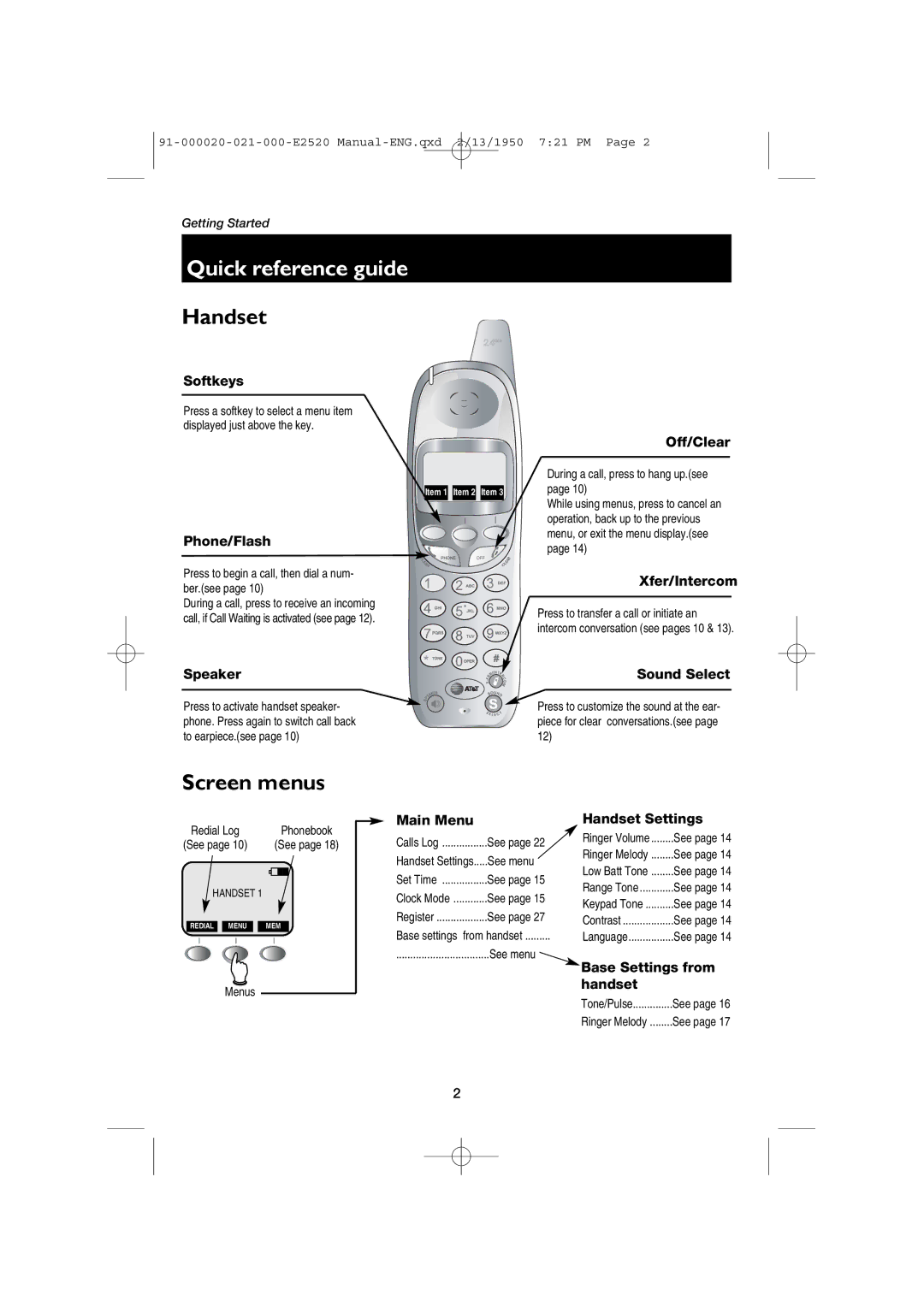 AT&T E2520 user manual Quick reference guide, Handset 