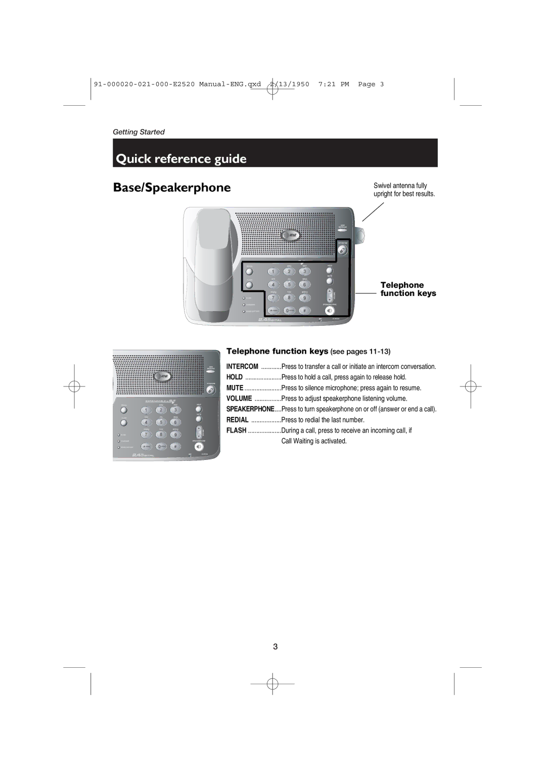 AT&T E2520 user manual Base/Speakerphone 