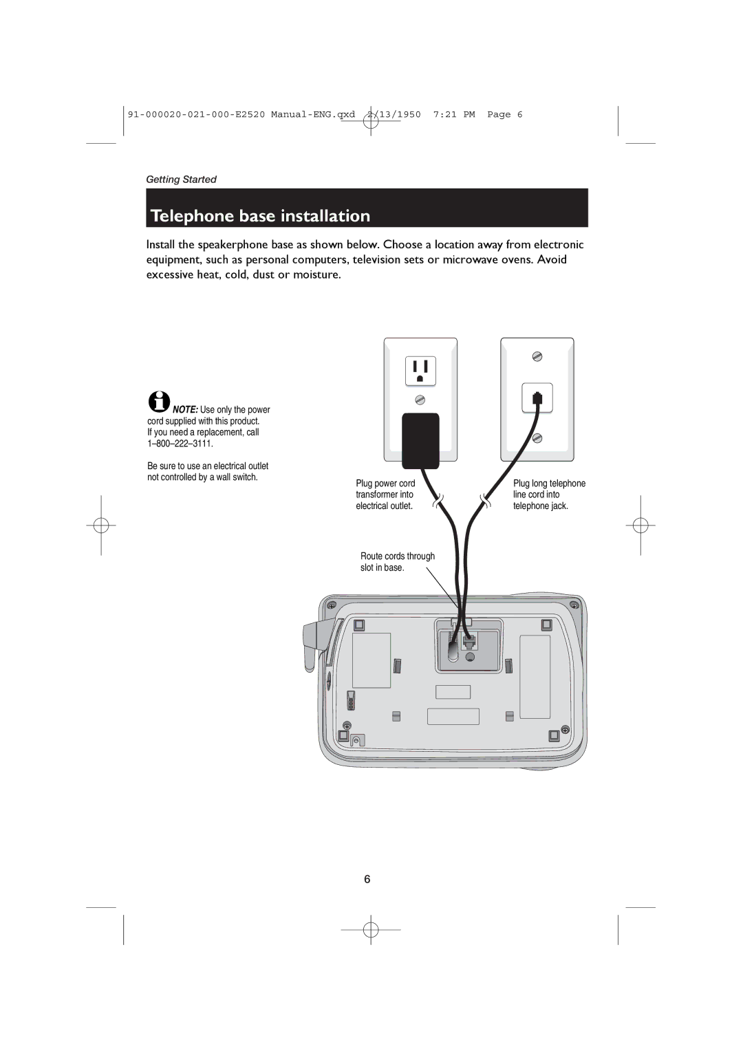 AT&T E2520 user manual Telephone base installation 