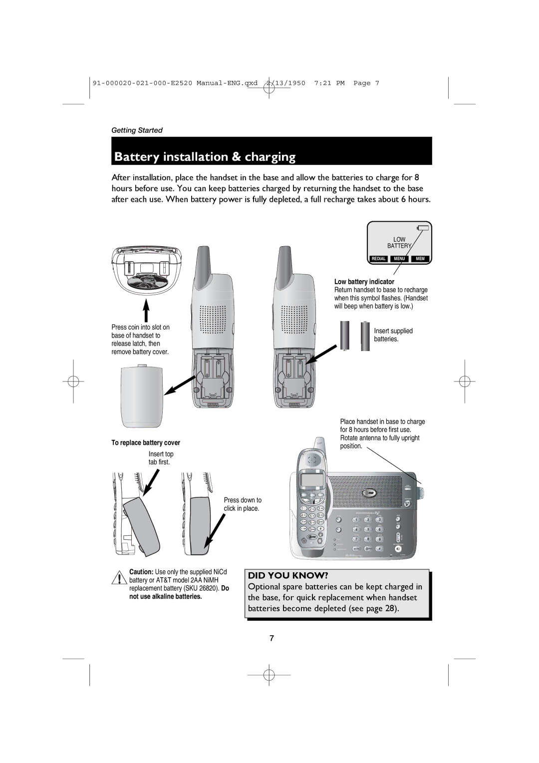 AT&T E2520 user manual Battery installation & charging, Low battery indicator 