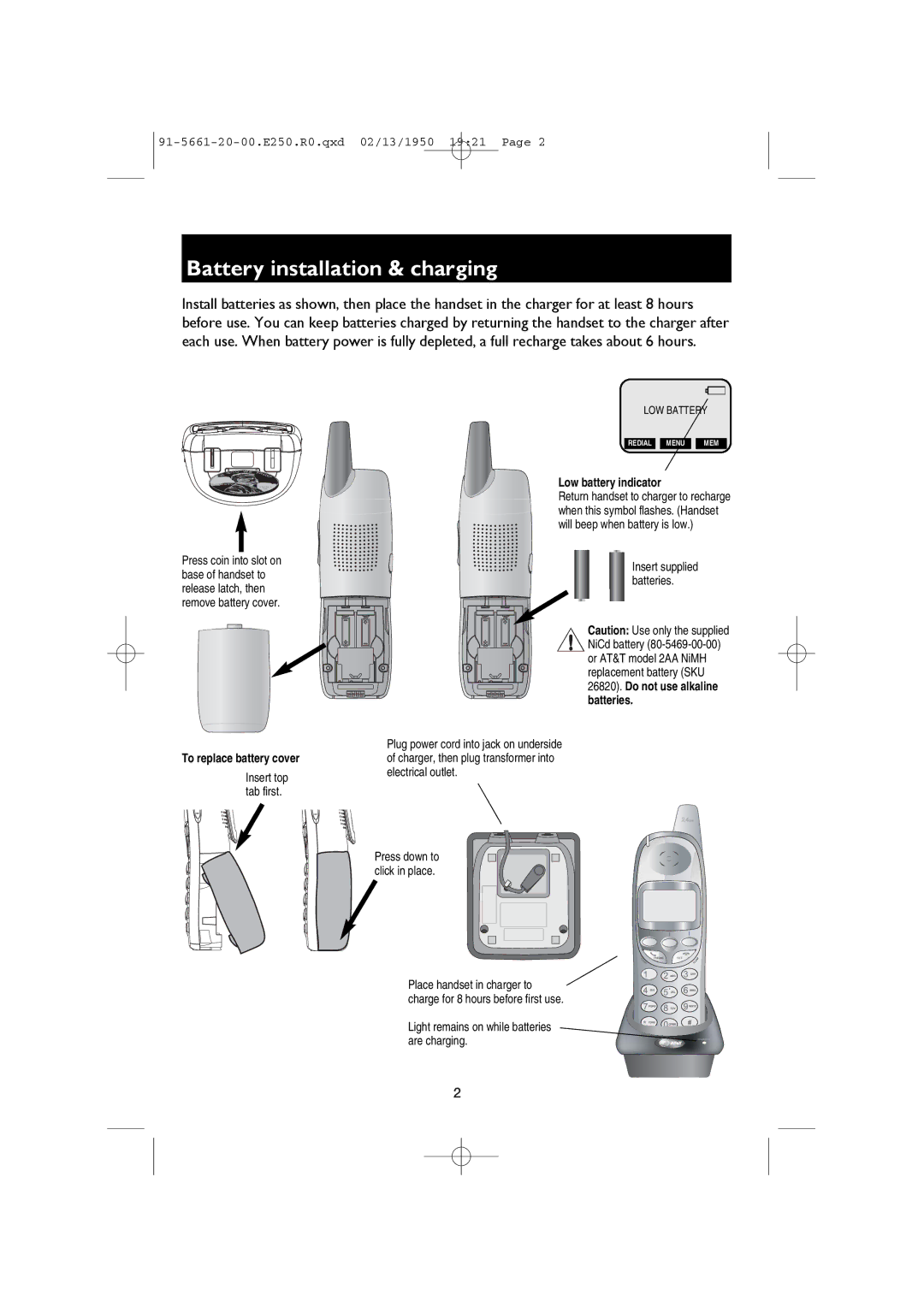 AT&T E2555, E2525, E2600B user manual Battery installation & charging, Low battery indicator 