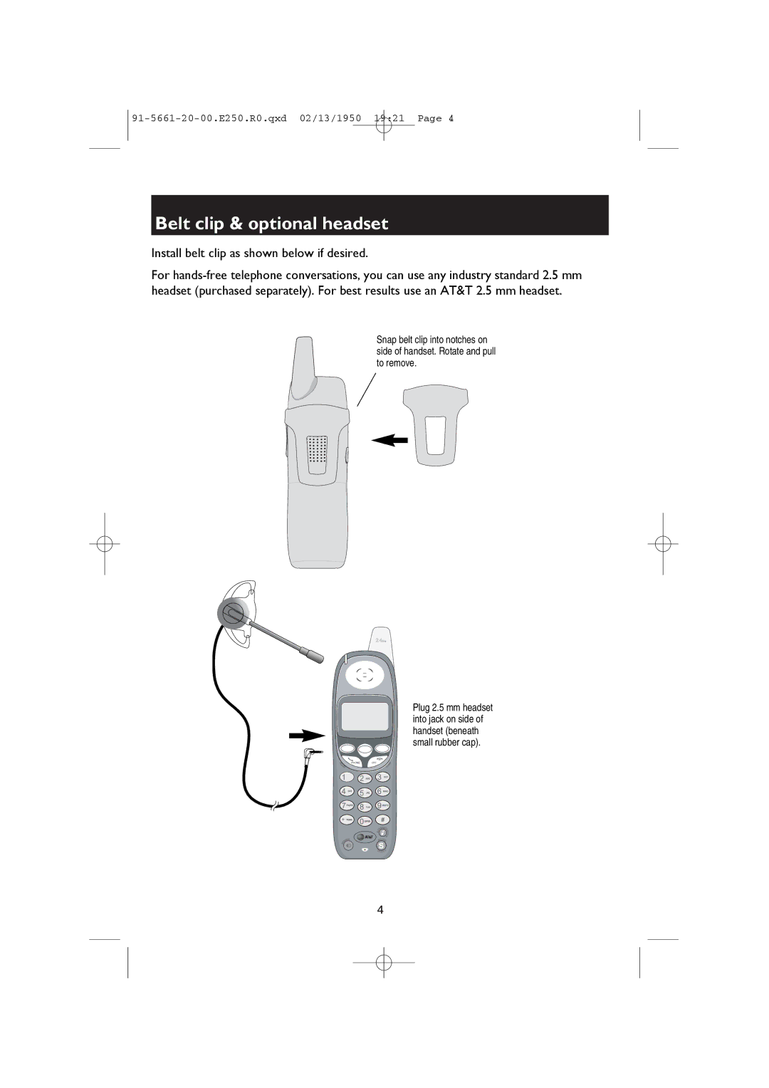 AT&T E2525, E2555, E2600B user manual Belt clip & optional headset, Install belt clip as shown below if desired 