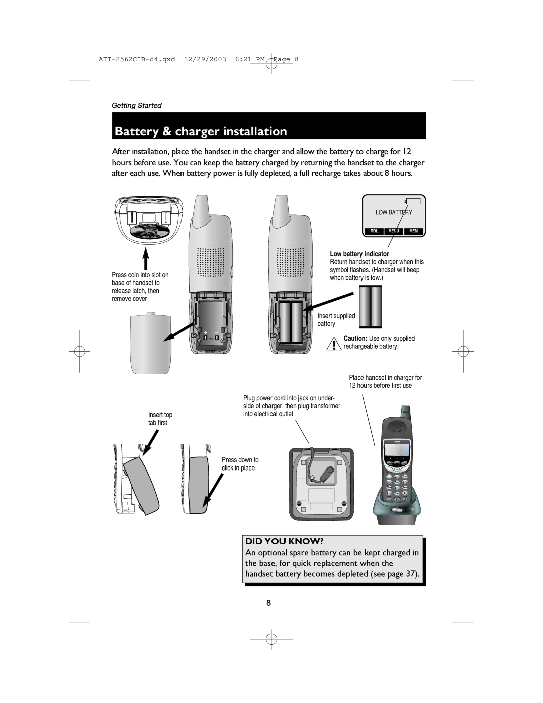 AT&T E2562 user manual Battery & charger installation, Low battery indicator 