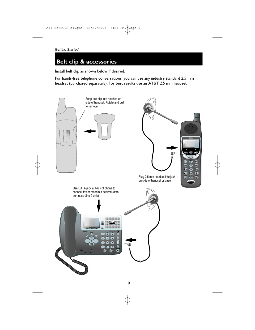 AT&T E2562 user manual Belt clip & accessories, Install belt clip as shown below if desired 