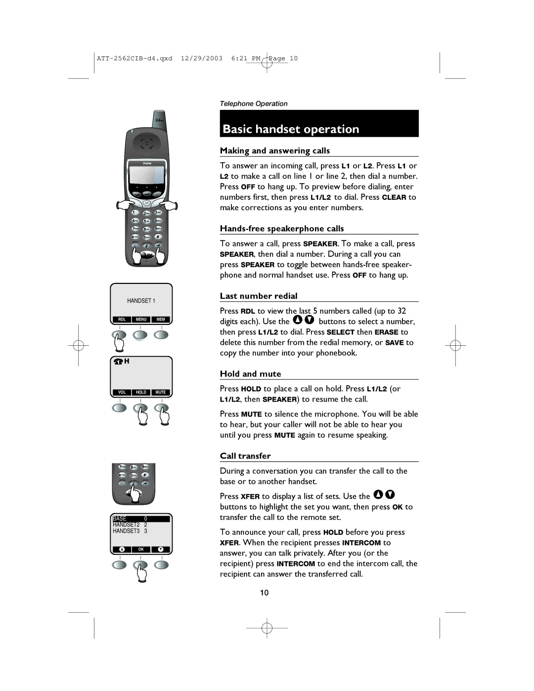 AT&T E2562 user manual Basic handset operation 