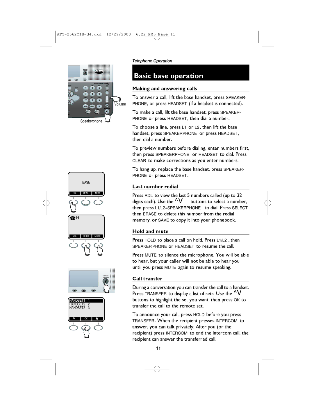 AT&T E2562 user manual Basic base operation 