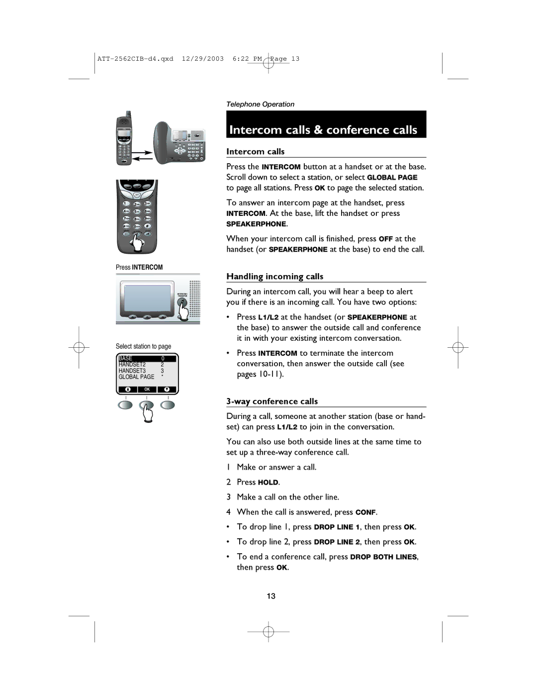 AT&T E2562 user manual Intercom calls & conference calls, Handling incoming calls, Way conference calls, Press Intercom 