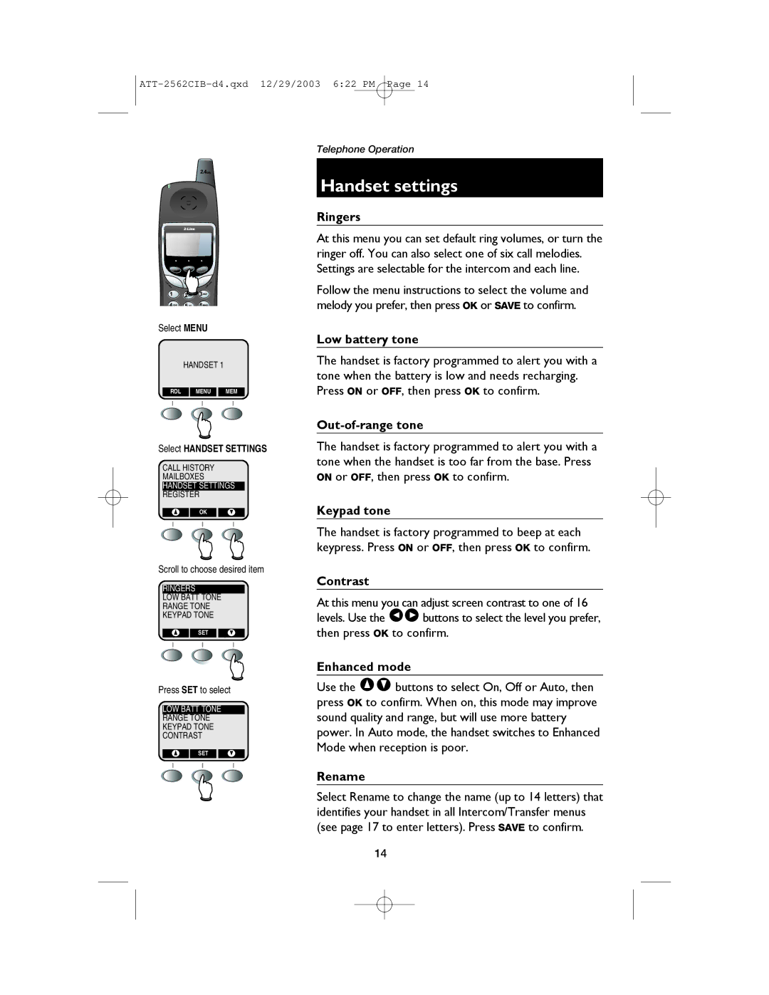 AT&T E2562 user manual Handset settings 