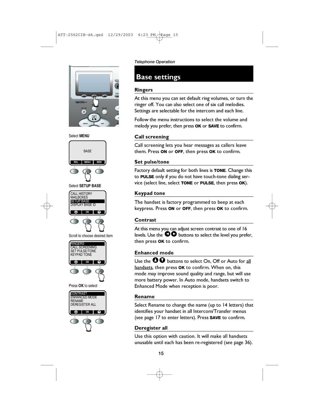 AT&T E2562 user manual Base settings, Call screening, Set pulse/tone, Deregister all, Select Setup Base 