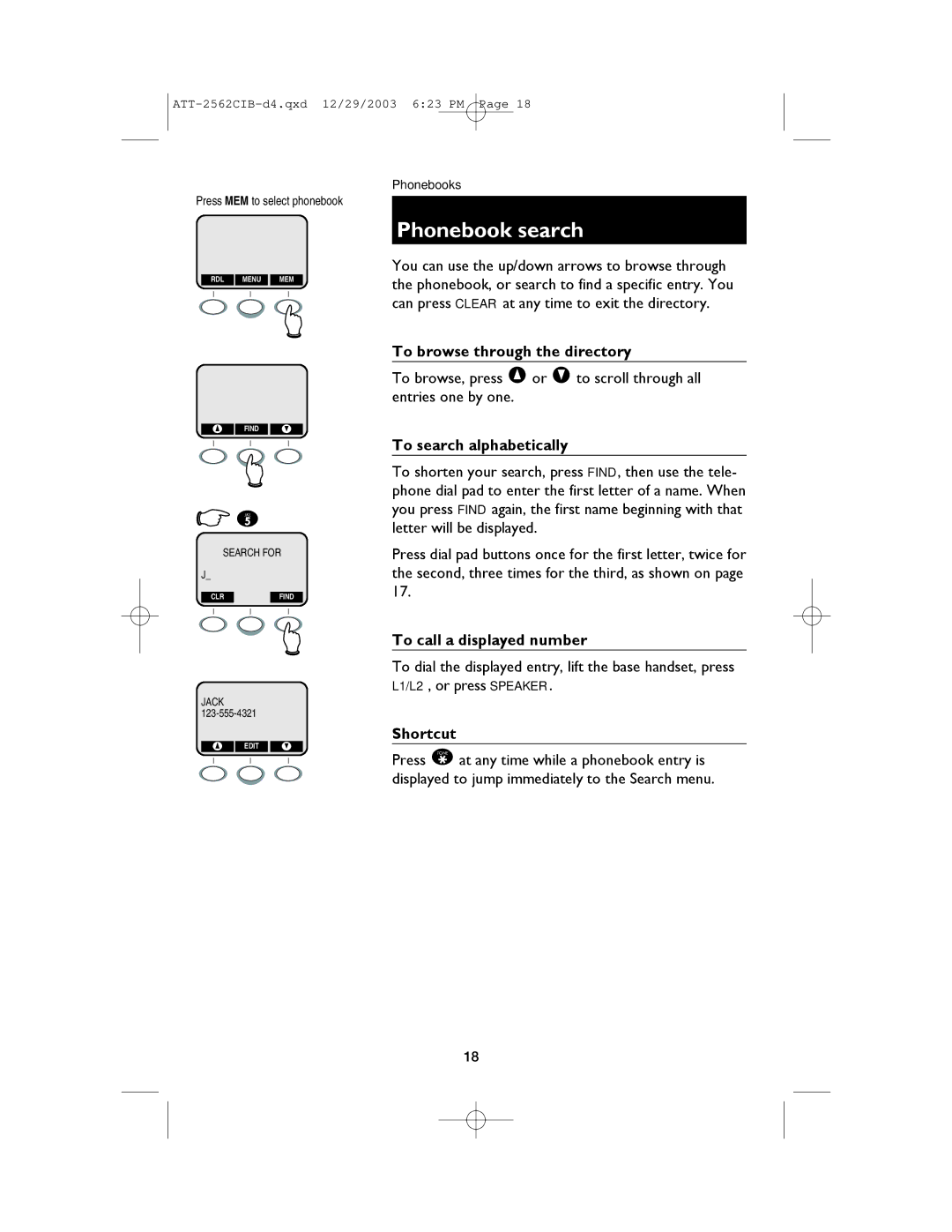 AT&T E2562 Phonebook search, To browse through the directory, To search alphabetically, To call a displayed number 