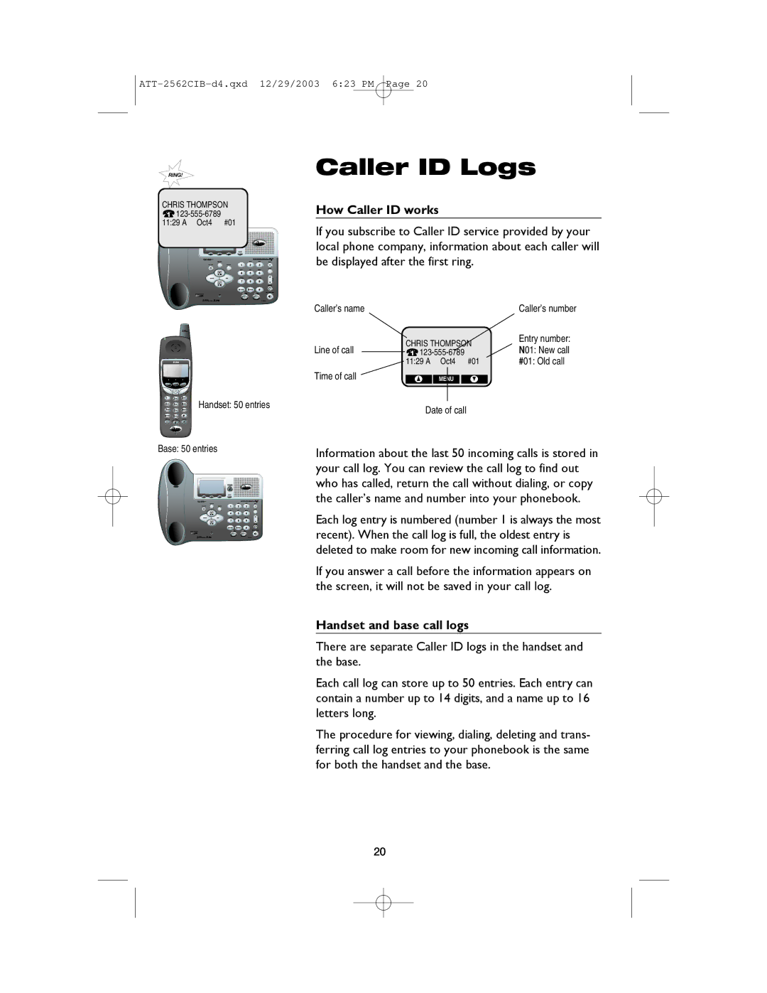 AT&T E2562 user manual How Caller ID works, Handset and base call logs 