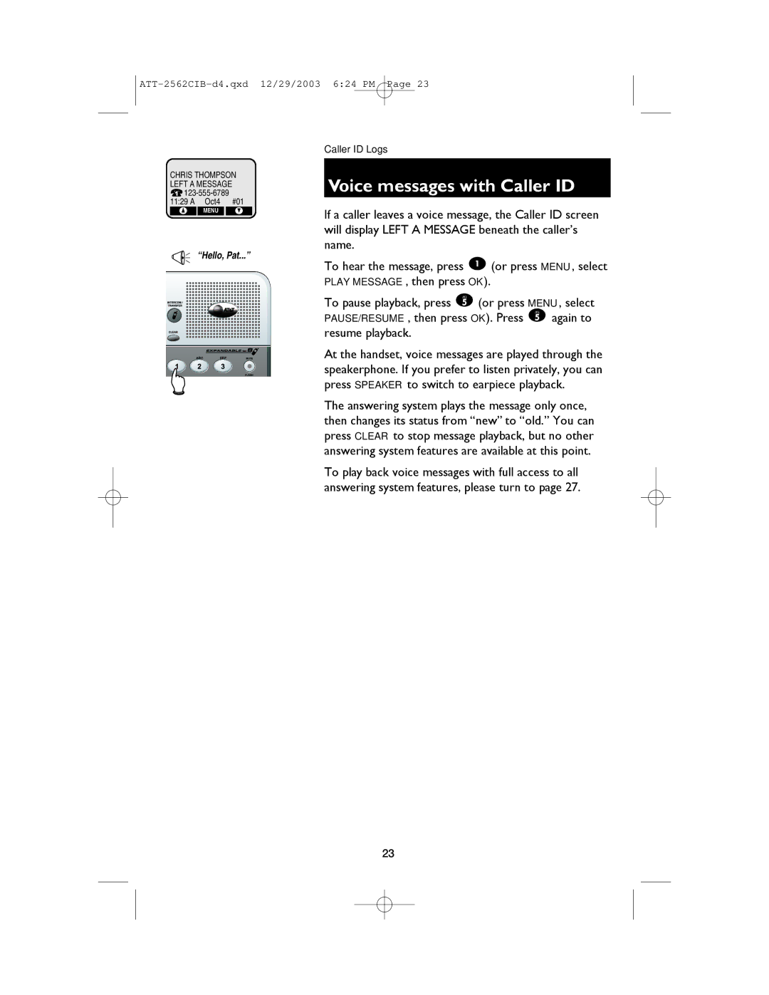 AT&T E2562 user manual Voice messages with Caller ID 