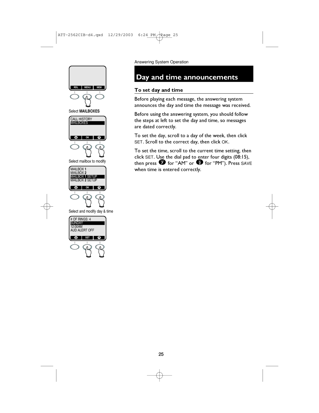 AT&T E2562 user manual Day and time announcements, To set day and time, Select Mailboxes 