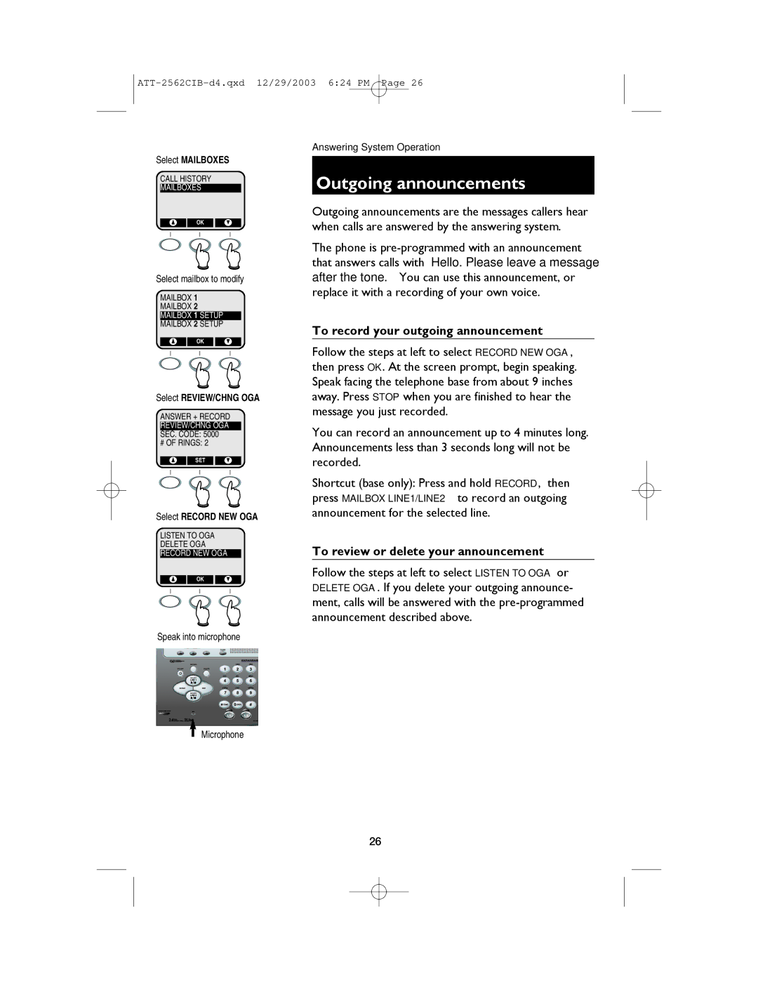 AT&T E2562 user manual Outgoing announcements, To record your outgoing announcement, To review or delete your announcement 