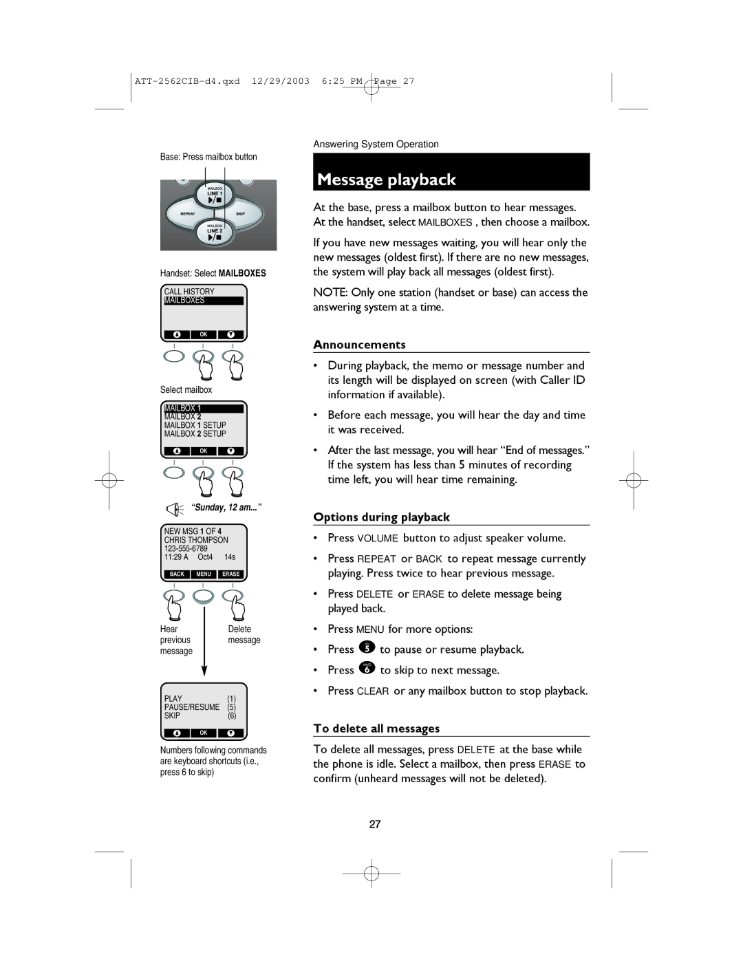 AT&T E2562 user manual Message playback, Announcements, Options during playback, To delete all messages 