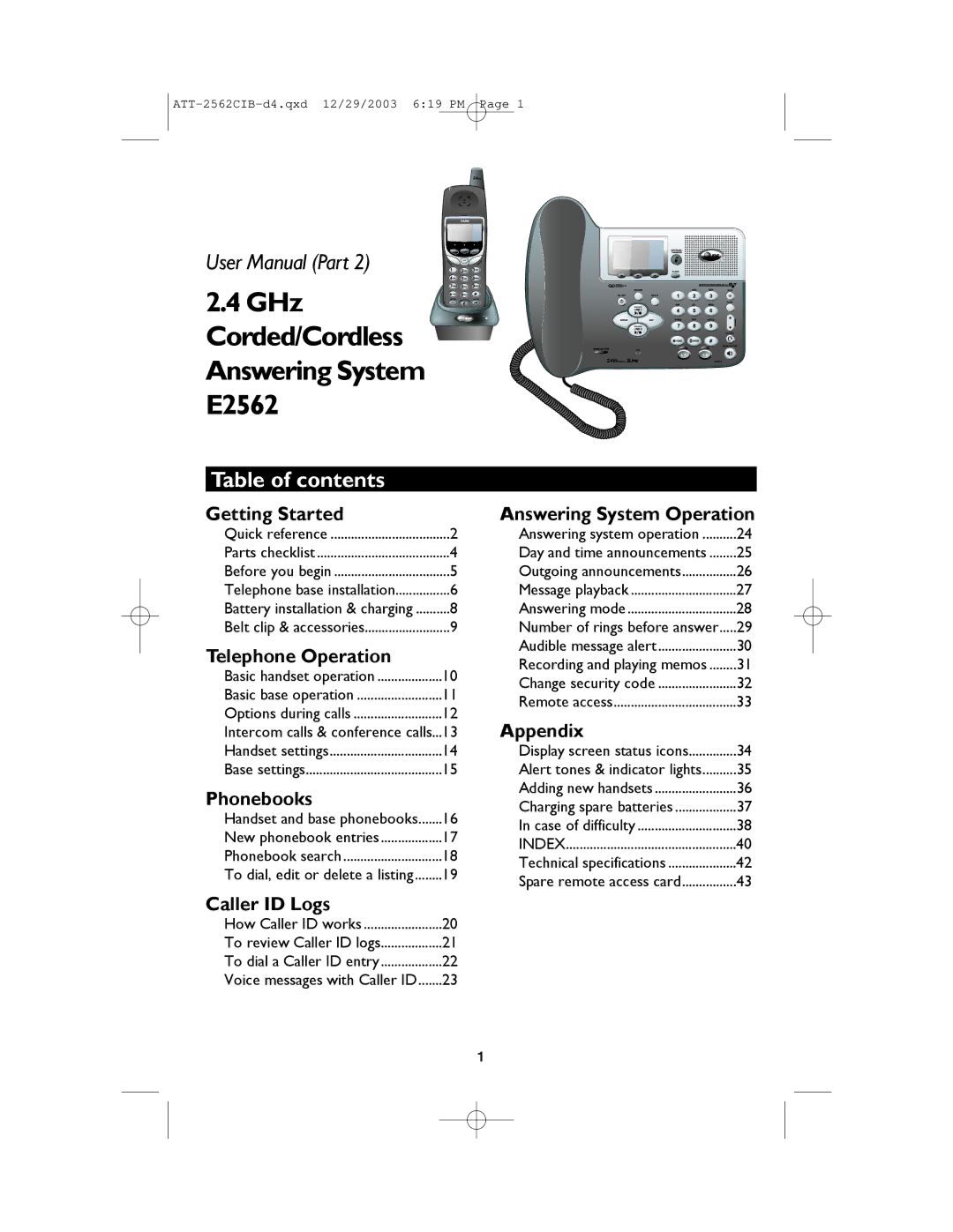 AT&T user manual GHz Corded/Cordless Answering System E2562, Table of contents 