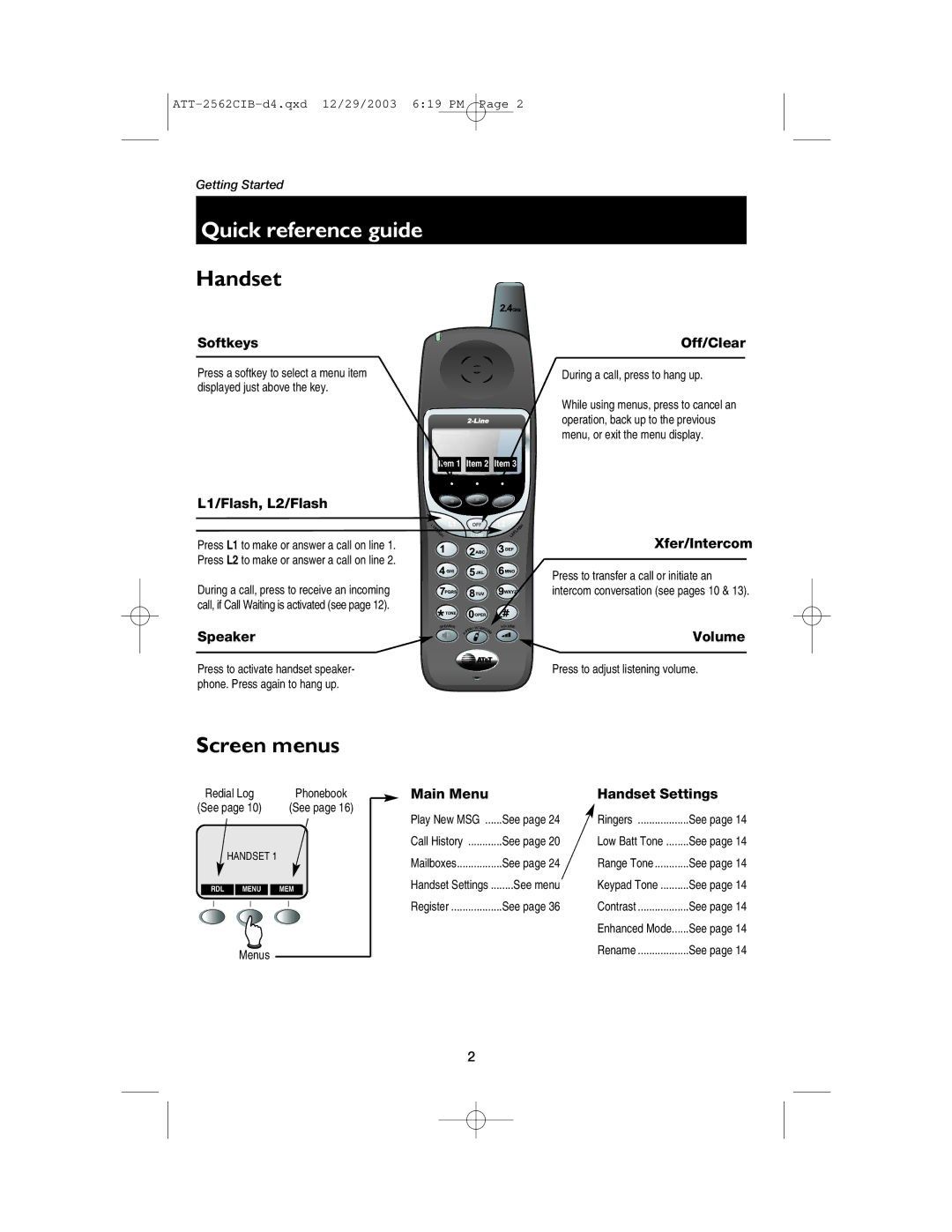 AT&T E2562 user manual Quick reference guide, Handset 