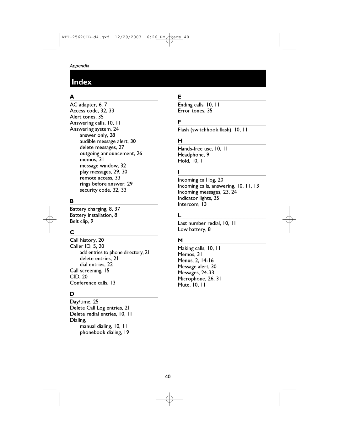 AT&T E2562 user manual Index 