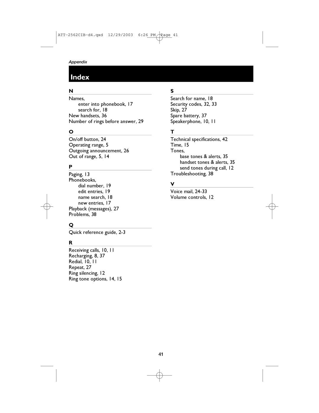 AT&T E2562 user manual Index 