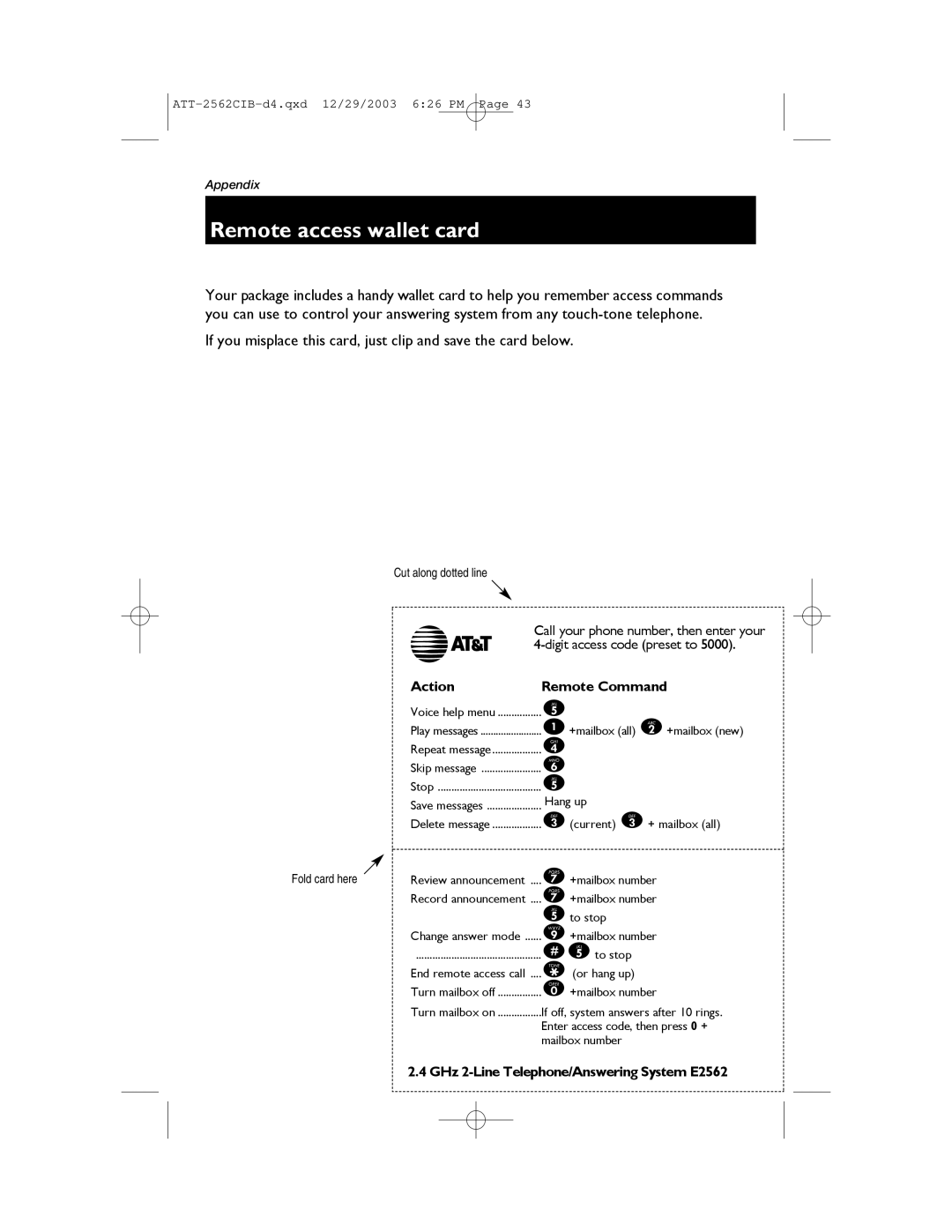 AT&T E2562 user manual Remote access wallet card, Action Remote Command 