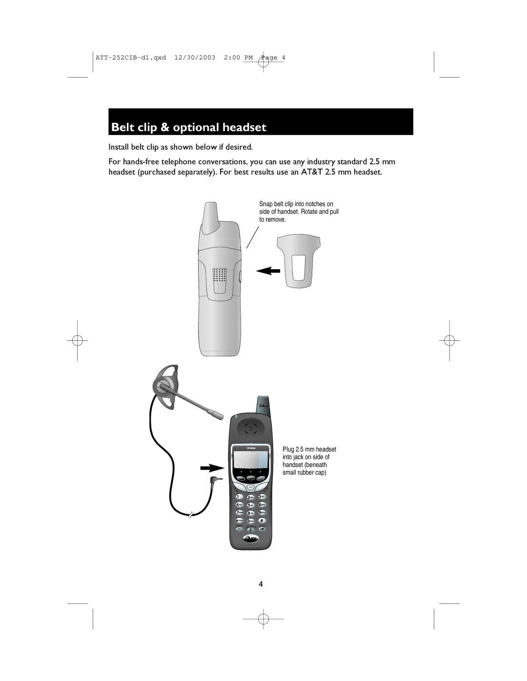 AT&T E2562 user manual Belt clip & optional headset 