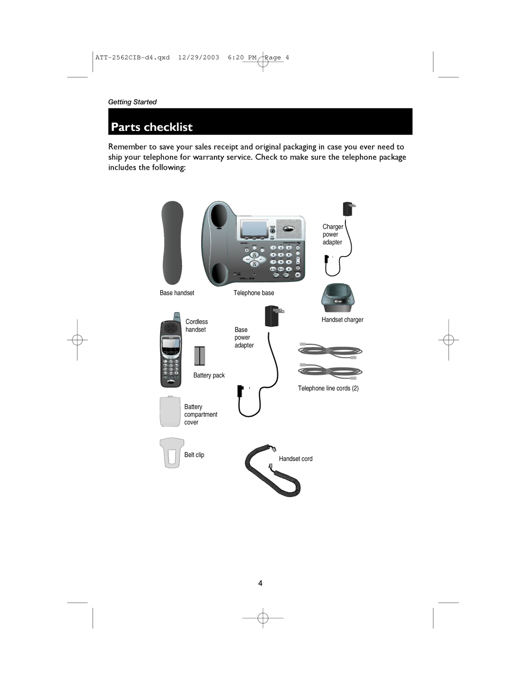 AT&T E2562 user manual Parts checklist 