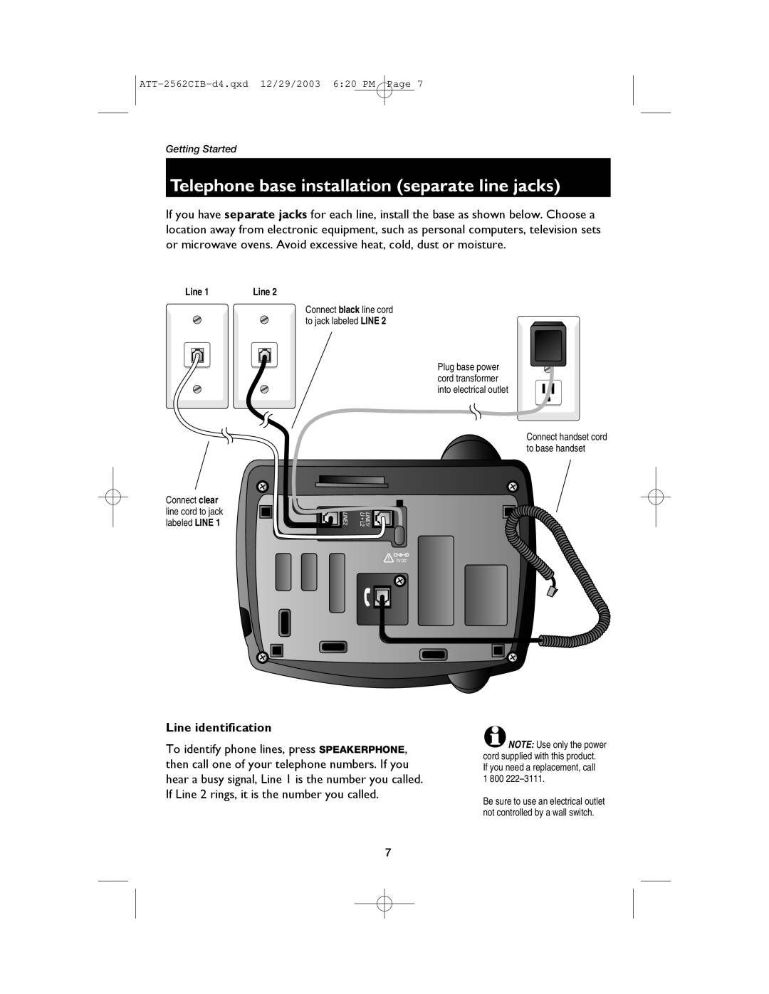 AT&T E2562 user manual Telephone base installation separate line jacks, Line 